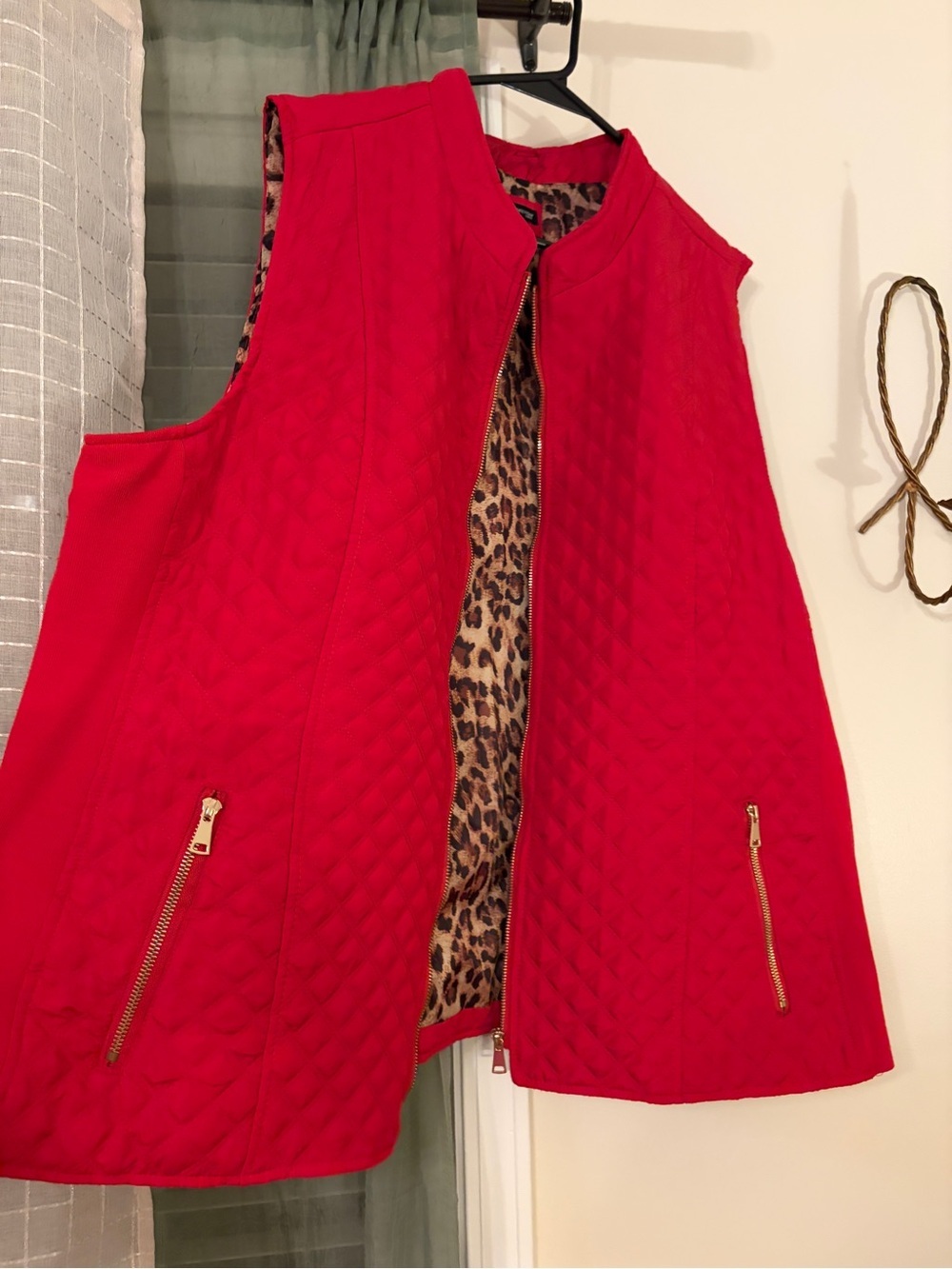 new directions Red Quilted Vest with Leopard Print Lining